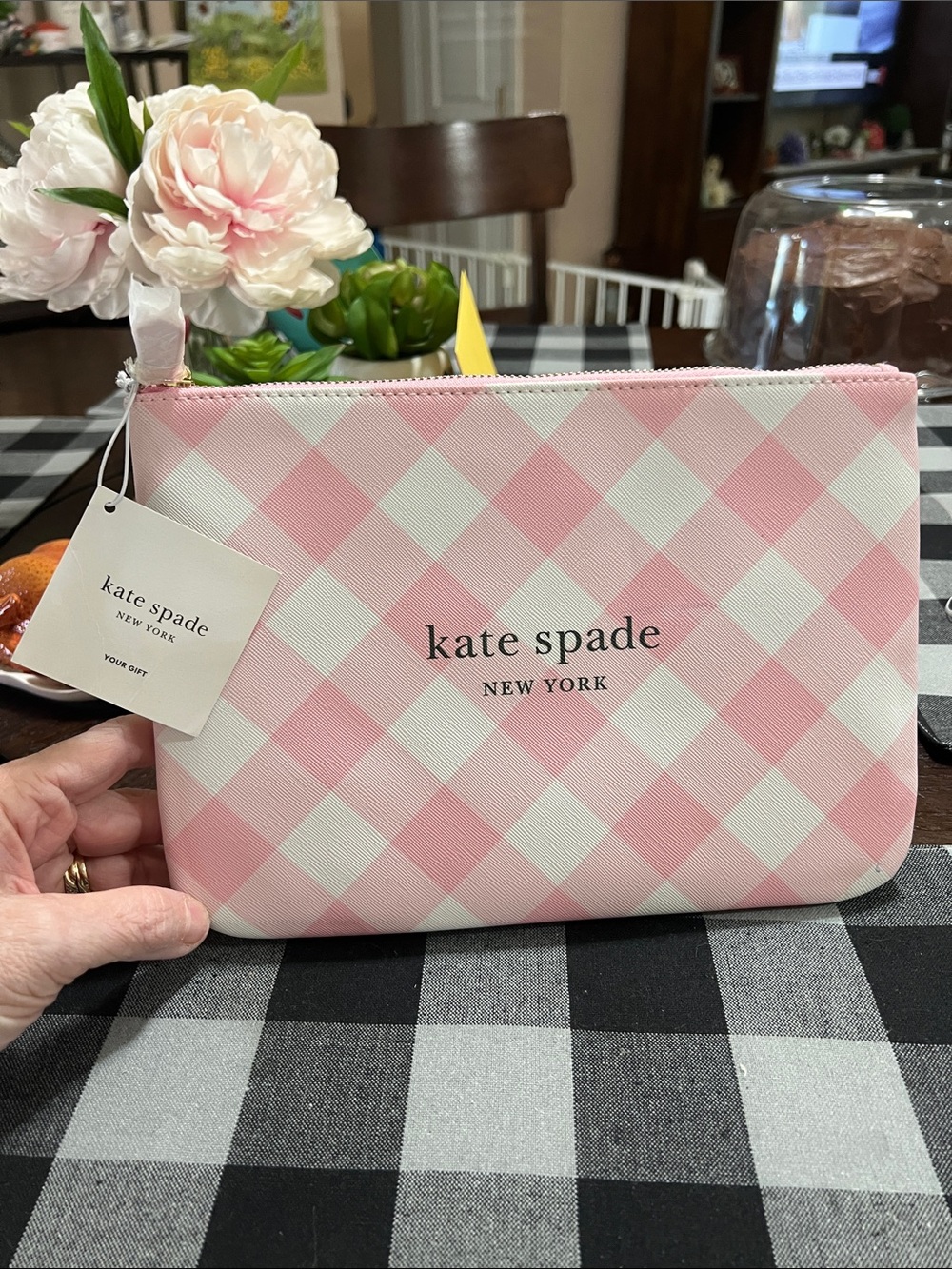 New kate spade pink and white gingham cosmetic pouch